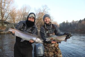 John (L) and Andy (R)with a rare December "Muskegon river double" on the steelhead !.....Ho....Ho...Ho !!
