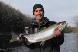 Steve, from mid Michigan, with an "endless energy" steelhead from outing with Jeff, also from mid Michigan